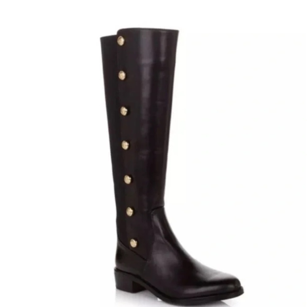Vince Camuto Black Over-the-Knee Leather Boots with Gold Button Accents
